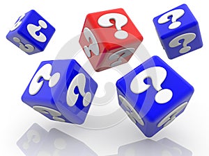 Rolling red and blue cubes with question marks concept on white