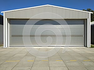 Rolling shutter door of large garage warehouse entrance with concrete blocked floor, industry building background with blue sky.