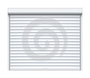 Rolling shutter door. Roller garage metal gate. Electric roll white window background shutter