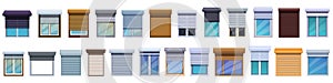 Rolling shutter icons set cartoon . Window plastic closed