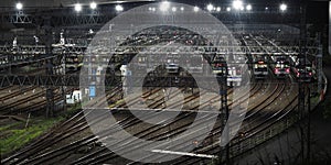 Rolling stock yard or railyard or carbarn near Karakida station of Odakyu Line, Tokyo, in the morning