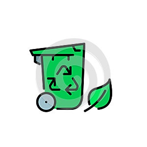 Rolling trash can with recycling symbol and green leaf. Environmental conservation. Pixel perfect, editable stroke icon
