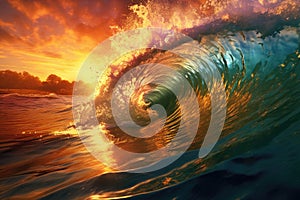 The rolling waves against golden sunset beach background. AI generated