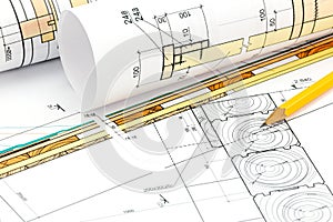 Rolls of architectural blueprints and technical drawings with pencil