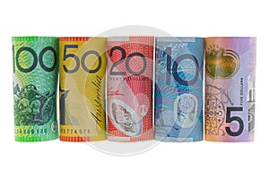 Rolls of Australia Banknote. Different Australian dollars money