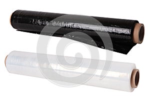 Rolls of black and transparent wrapping plastic stretch film