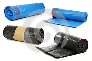 Rolls of blue and black garbage bags