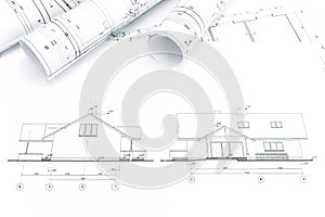 Rolls of blueprints for house construction