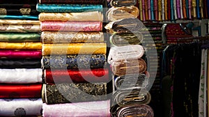 Rolls of brocade in exhibition at shop