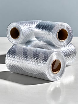 Rolls of bubble wrap on a light surface.