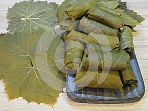 Rolls of dolma with grape leaves