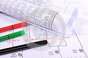 Rolls of electrical diagrams and accessories for drawing