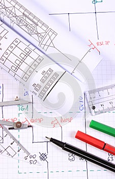 Rolls of electrical diagrams and accessories for drawing