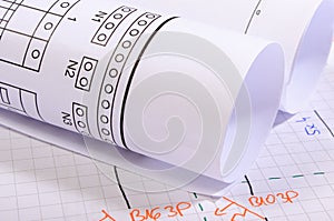 Rolls of electrical diagrams and concstruction drawings