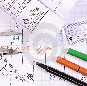 Rolls of electrical diagrams, construction drawings and accessories for drawing