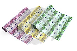 Rolls of euro banknotes on white background