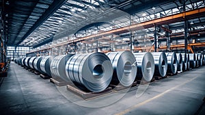 Rolls of galvanized sheet steel in the factory. Large rolls of metal coils in the warehouse.