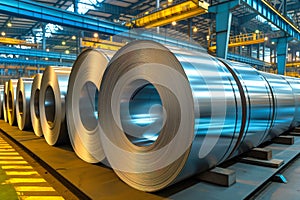 Rolls of galvanized steel coil sheet inside factory at warehouse.