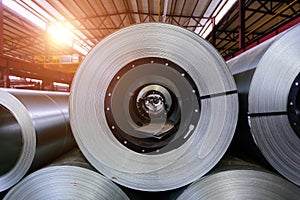 Rolls of galvanized steel sheet inside the factory or warehouse