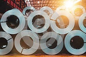 Rolls of galvanized steel sheet inside the factory or warehouse