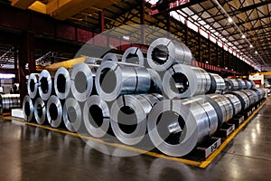 Rolls of galvanized steel sheet inside the factory or warehouse