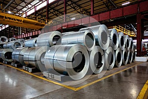 Rolls of galvanized steel sheet inside the factory or warehouse