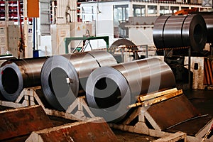 Rolls of galvanized steel sheet inside the factory or warehouse