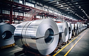 Rolls of galvanized steel sheet inside the factory or warehouse