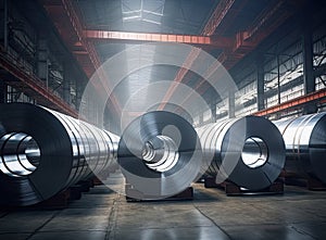 Rolls of galvanized steel sheet inside the factory or warehouse. Created with Generative AI technology.