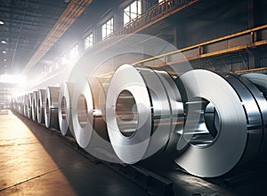 Rolls of galvanized steel sheet inside the factory or warehouse. Created with Generative AI technology.