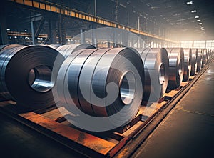 Rolls of galvanized steel sheet inside the factory or warehouse. Created with Generative AI technology.