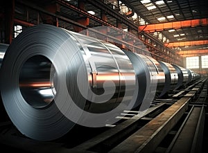 Rolls of galvanized steel sheet inside the factory or warehouse. Created with Generative AI technology.