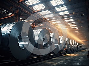 Rolls of galvanized steel sheet inside the factory or warehouse. Created with Generative AI technology.