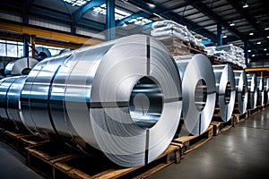 Rolls of galvanized steel sheet inside the factory or warehouse. Industrial production