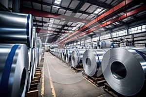 Rolls of galvanized steel sheet inside the factory or warehouse. Industrial production