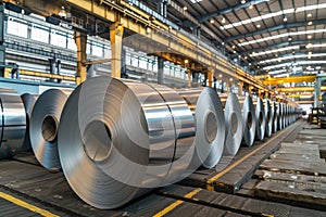 Rolls of galvanized steel sheet inside the factory or warehouse. Industrial production