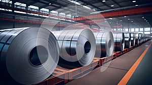 Rolls of galvanized steel sheet inside the factory or warehouse. Neural network AI generated