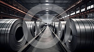 Rolls of galvanized steel sheet inside the factory or warehouse. Neural network AI generated