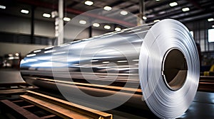 Rolls of galvanized steel sheet inside the factory or warehouse. Neural network AI generated