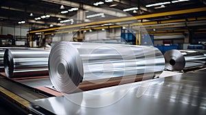 Rolls of galvanized steel sheet inside the factory or warehouse. Neural network AI generated