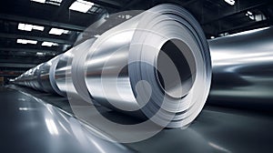 Rolls of galvanized steel sheet inside the factory or warehouse. Neural network AI generated