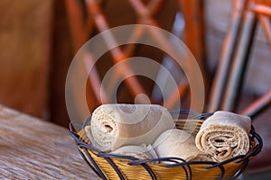 Rolls of Injera in a serving bowl