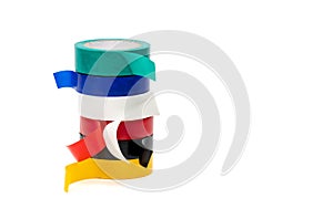 Rolls of insulation adhesive tape, multi colored ribbons on a white background. Bright and colorful insulation tape