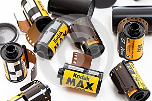 Rolls of Kodak film with a camera