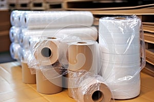 rolls of packing tape and bubble wrap near boxes