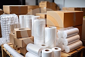 rolls of packing tape and bubble wrap near boxes