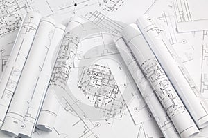 Paper architectural drawings and blueprint. Engineering blueprint