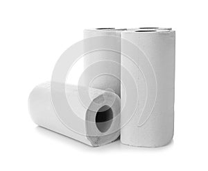 Rolls of paper towels on white background