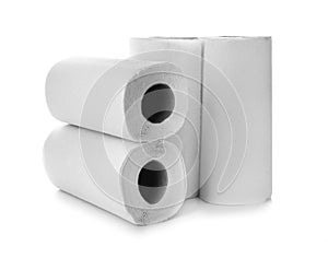 Rolls of paper towels on white background