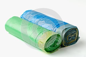 Rolls of plastic garbage bag on white background, close up, recycle plastic packet, close up